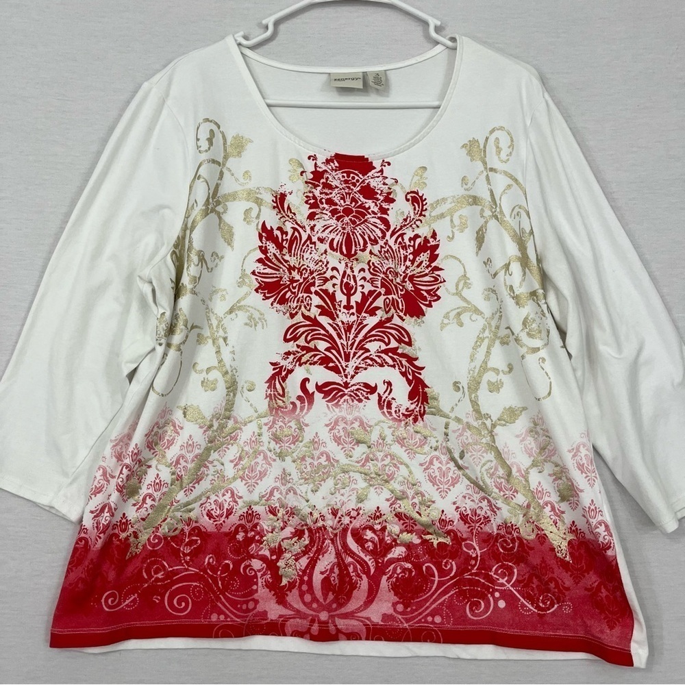 Chico's Red White Abstract Print Cotton‎ Stretch Round Neck Pullover Top XL